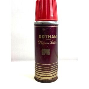 Vintage Gotham‎ Brand Vacuum Bottle Thermos Red Cap 1950s Metal Insulated Flask